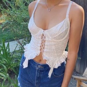 For Love & Lemons White Eyelet Lace-Up Crop Top